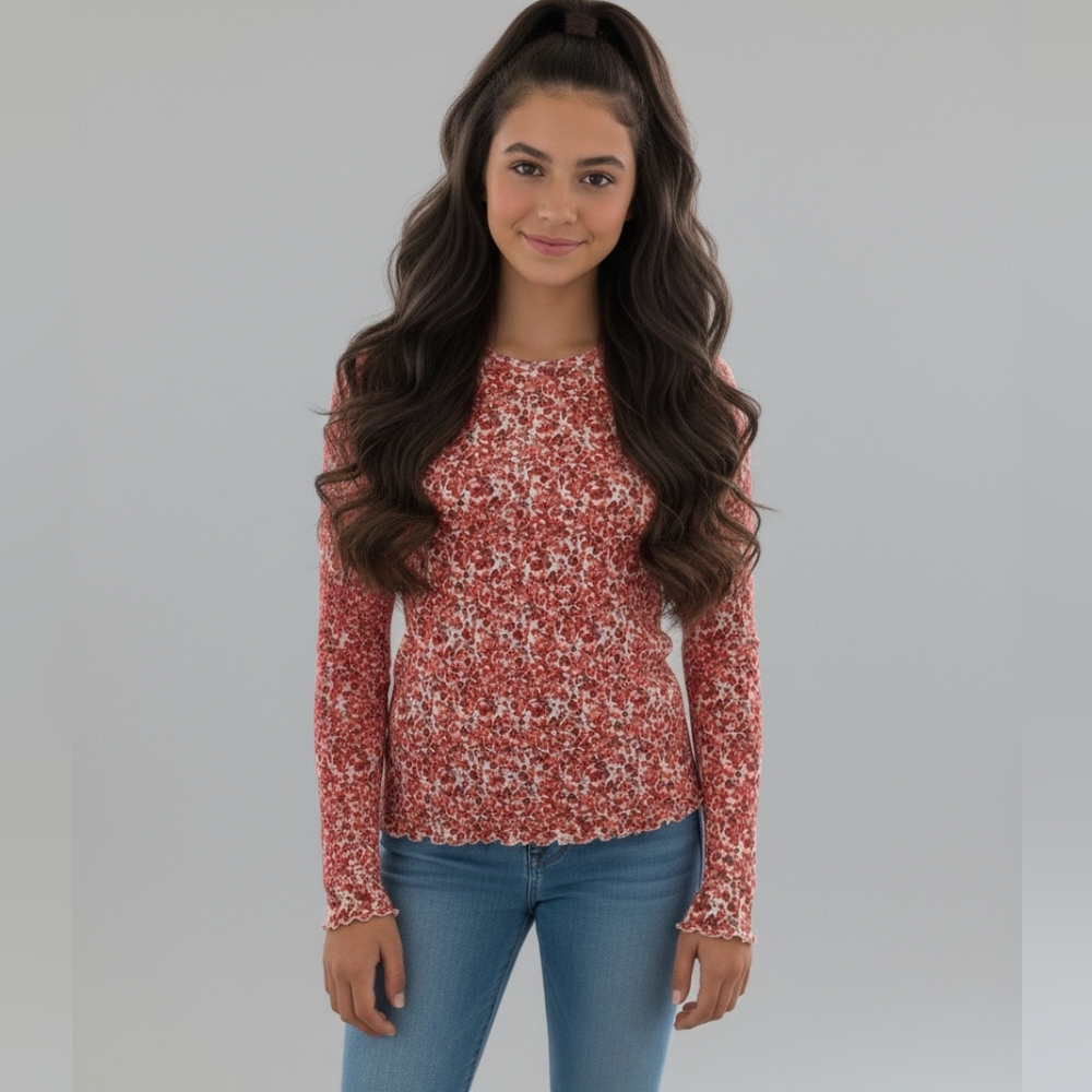 Cat & Jack Girls Bright Red Ditsy Floral Long Sleeve Ruffle Hem Top Size XL (14)